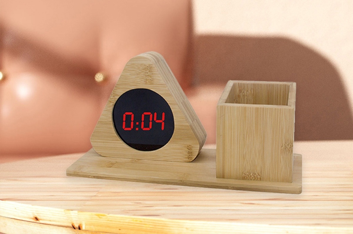 Multi-function Table Desk Wooden LED Digital Alarm Clock with Pen Holder