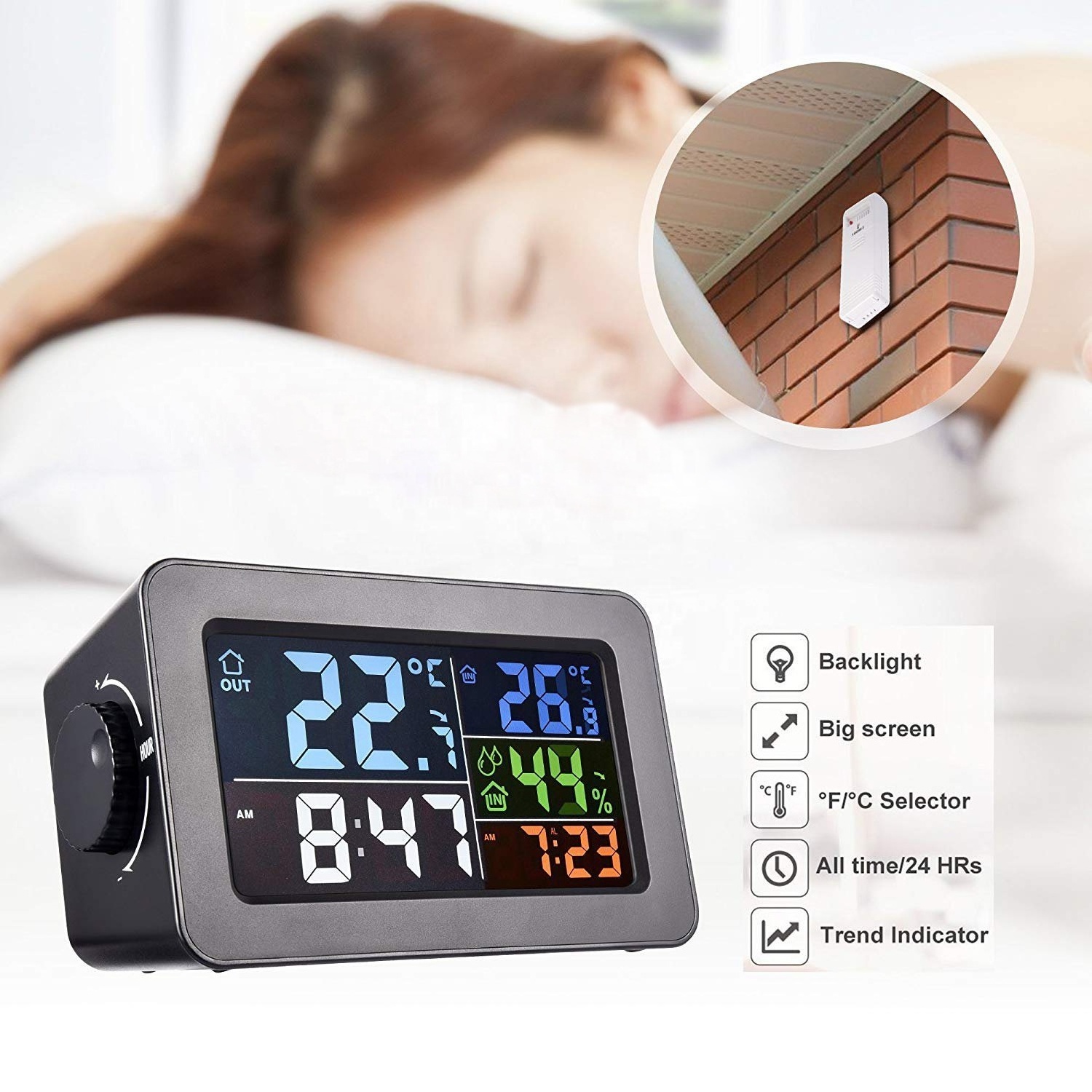 Wireless Bedside metal Digital Alarm Clock with USB Charger charging Port and Indoor Outdoor Temperature display 3306RF