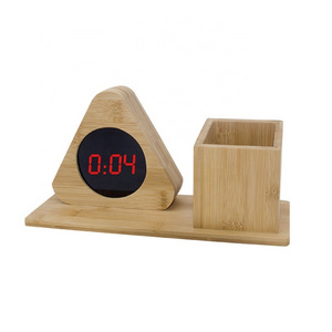 Multi-function Table Desk Wooden LED Digital Alarm Clock with Pen Holder