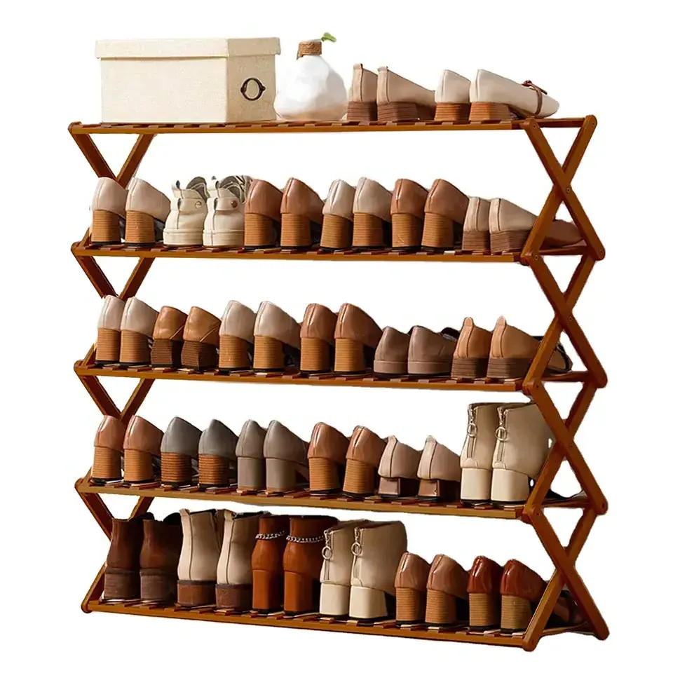 Wholesale 4 Tier Folding Shoes Shelf Free Standing Storage Organizer Wooden Shoe Rack for Home