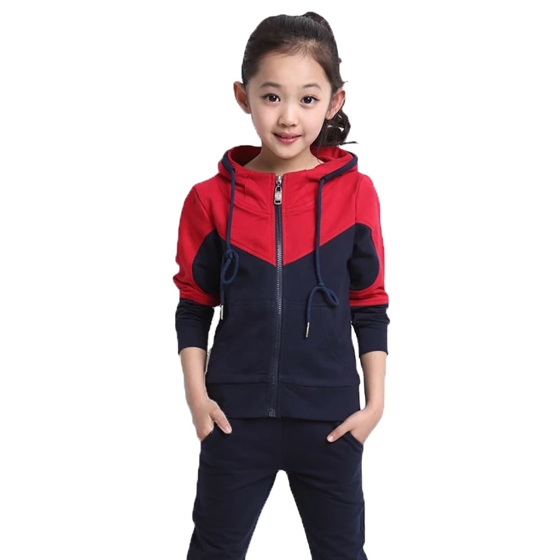 2021 Custom Design Kids Girls Solid Color Cotton Jogging Suit Black & White Color Zipper Tracksuit For Children's