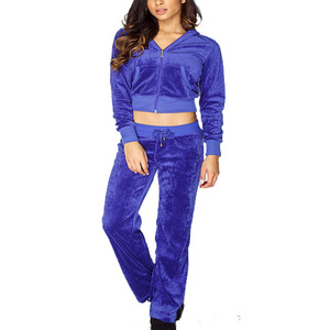 women plain custom velour fabric zip up crop top tracksuit custom purple color tracksuit for ladies