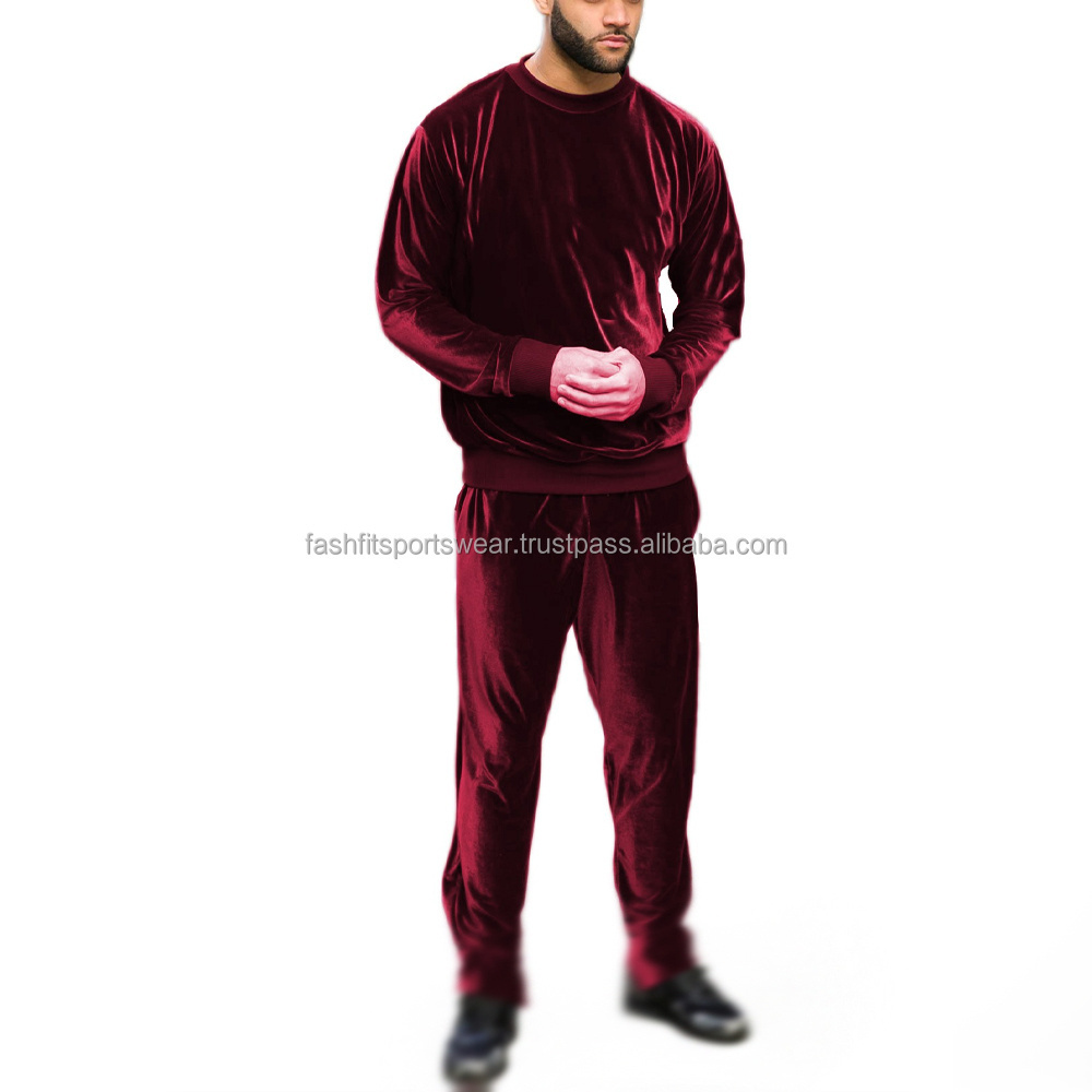 Long sleeve velour fabric sweatsuit for men maroon color crew neck sweatsuit for men hot sale fashion tracksuit for men