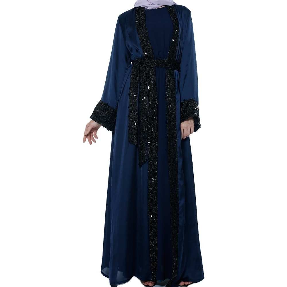 China factory directly sale open style silk feeling fabric glitter decoration with belt qatar turkey dubai abaya designs