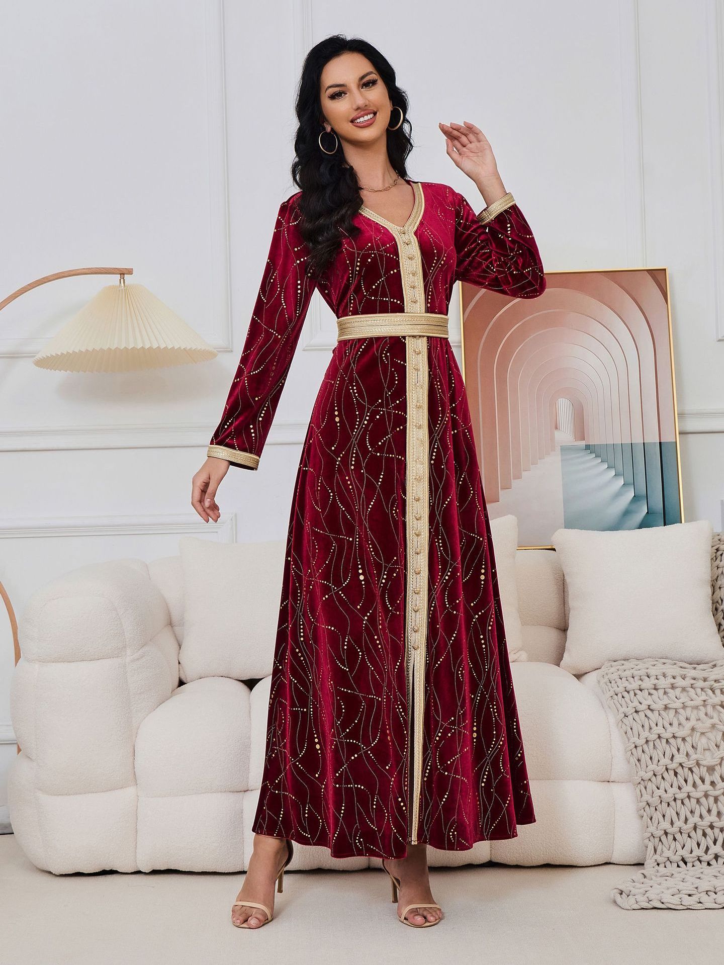 2024 Premium Burgundy V neck slit front bronzing pattern islamic women velvet abaya