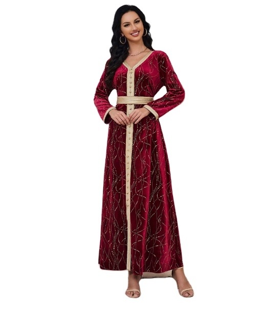 2024 Premium Burgundy V neck slit front bronzing pattern islamic women velvet abaya