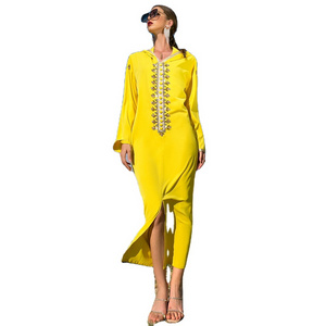 Bright yellow fabric slit front lace crystal decoration Full Length islamic women eid moroccan abaya with hoodie