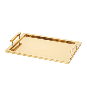 Wholesale luxury golden stainless steel metal rectangular serving tray vanity gold mirror tray