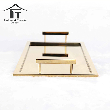 Wholesale luxury golden stainless steel metal rectangular serving tray vanity gold mirror tray