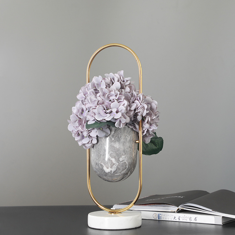 Modern marble vases with metal frame handle for home decoration