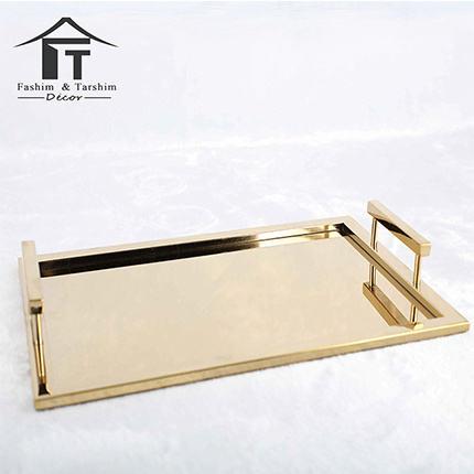 Wholesale luxury golden stainless steel metal rectangular serving tray vanity gold mirror tray