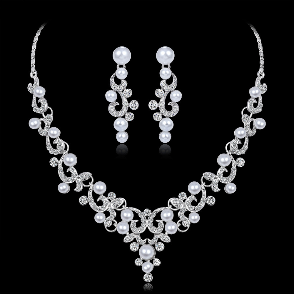 Wedding Jewelry Cheap Bridal Jewelry Pearl Pendant Silver Necklace Set