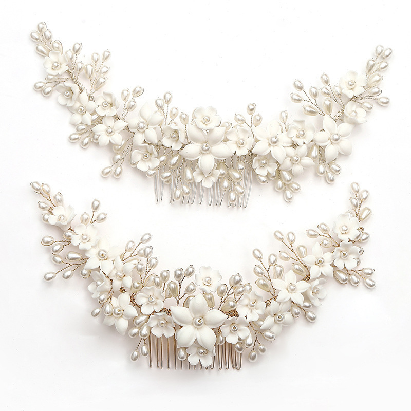 Bride Handmade Flower Headdress Pearl Ceramic Bridal Hair Comb Wedding Headpieces