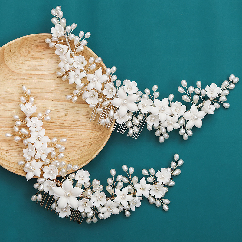 Bride Handmade Flower Headdress Pearl Ceramic Bridal Hair Comb Wedding Headpieces