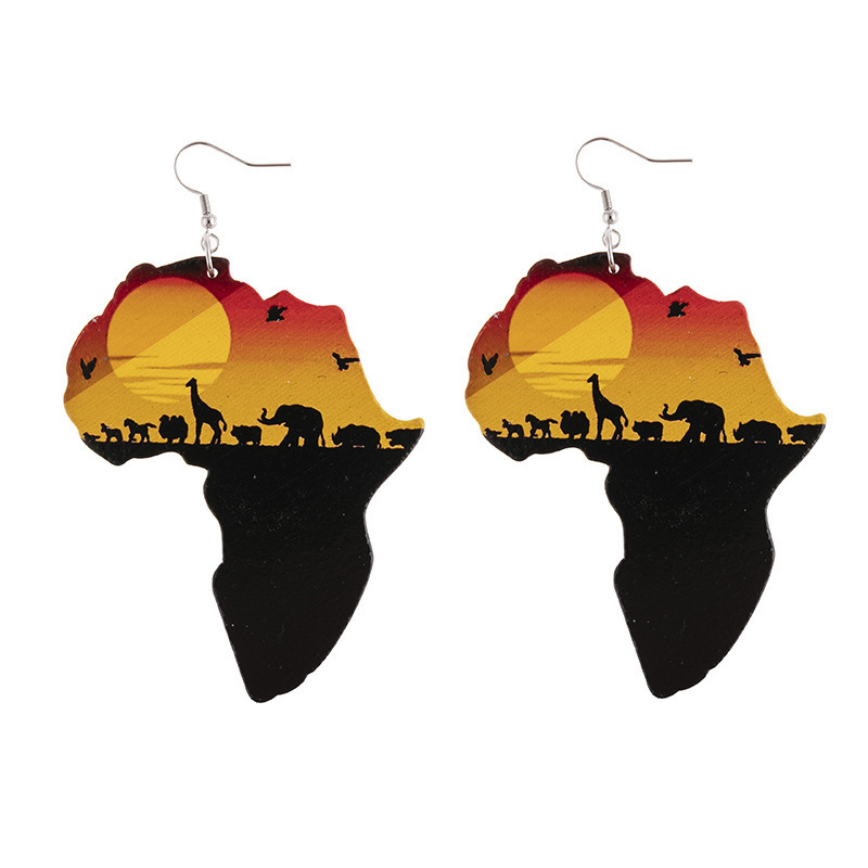 2021 Hot Sale African Wooden Earrings Fashion Statement Trendy African Map Earrings