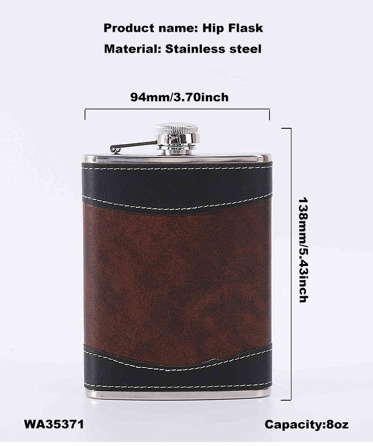 Factory Wholesale 6 7 8 oz Splicing Leather Cover Creative Liquor Alcohol Pocket Flask Stainless Steel Leather Hip Flask