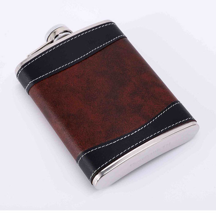 Factory Wholesale 6 7 8 oz Splicing Leather Cover Creative Liquor Alcohol Pocket Flask Stainless Steel Leather Hip Flask