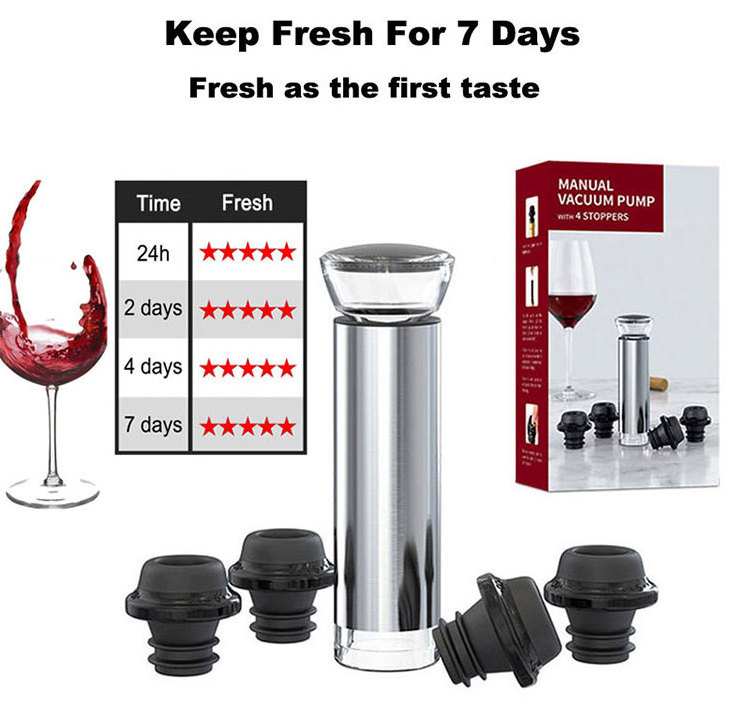 Premium Durable Custom Logo Manual Vacuum Preserver Sealer Saver 5pcs Set Stainless Steel Vacuum Pump Wine Stopper