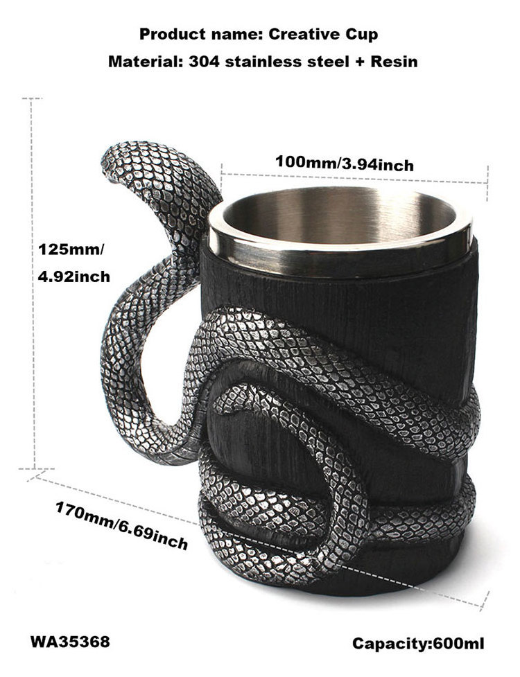 Hot Selling Medieval Vintage 304 Stainless Steel Liner Resin Enfold Design Snake Handle Creative Personality Beer Cup Cobra Mug