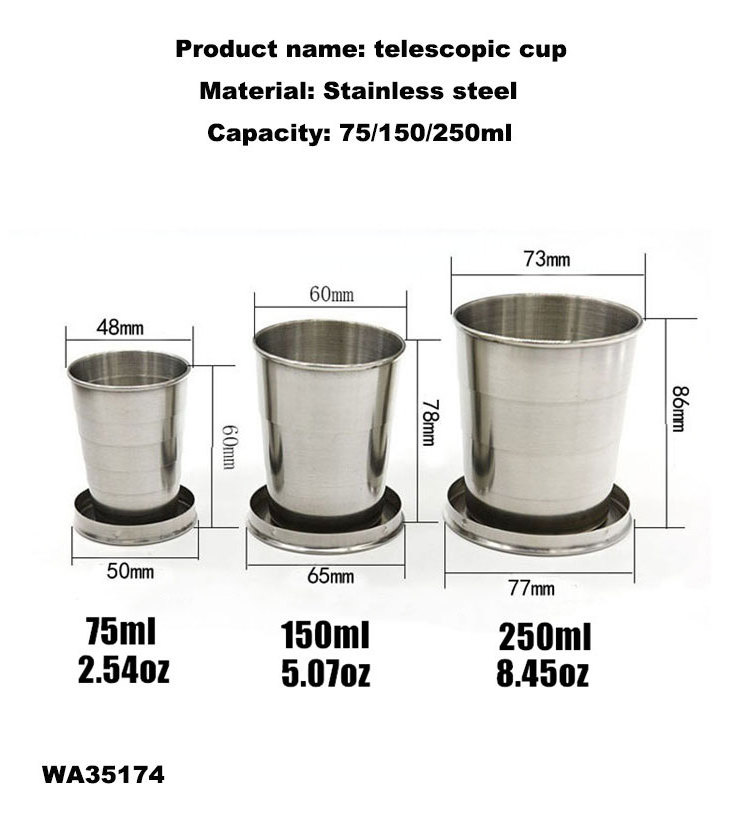 Stainless Camping Telescopic Portable Shot Glass Premium Travel Telescoping Mug Stackable Metal Collapsible Cup with Keychain