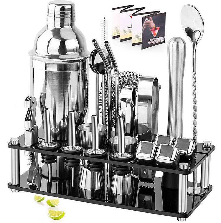 Factory Custom 23 Piece Mixing Cocktail Shaker Bottle Bar Sets Stainless Steel Bar Mixology Bartender Kit With Plastic Stand