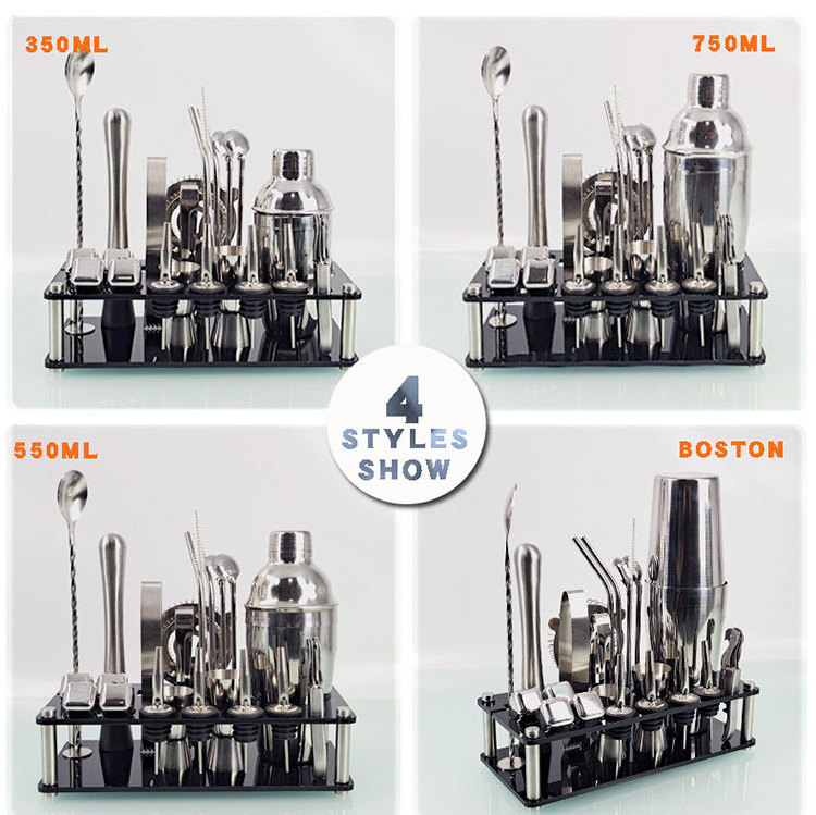 Factory Custom 23 Piece Mixing Cocktail Shaker Bottle Bar Sets Stainless Steel Bar Mixology Bartender Kit With Plastic Stand