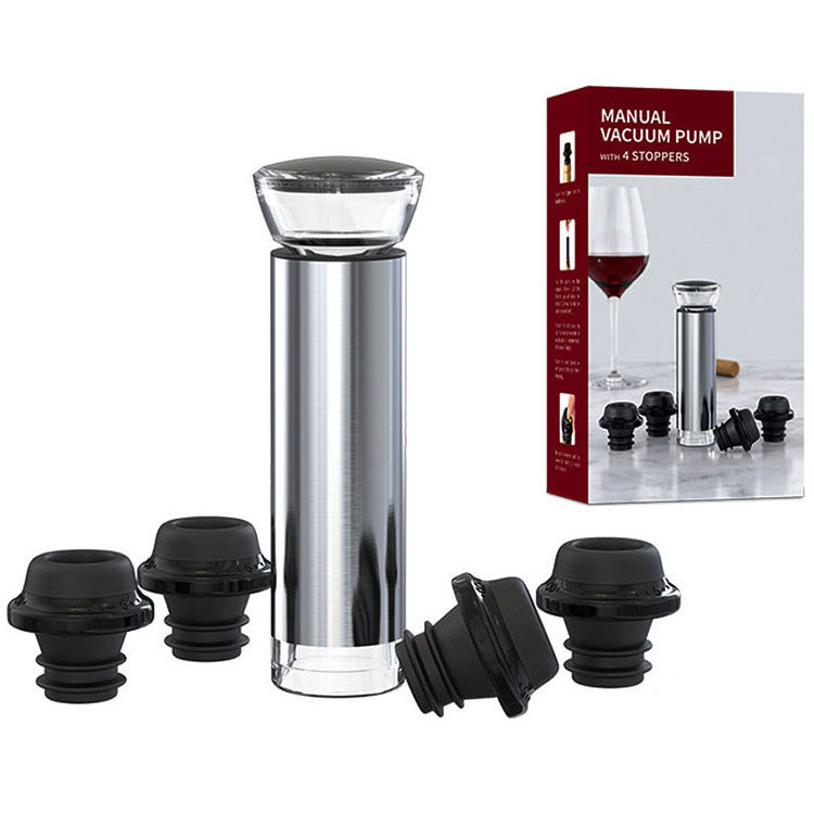 Premium Durable Custom Logo Manual Vacuum Preserver Sealer Saver 5pcs Set Stainless Steel Vacuum Pump Wine Stopper