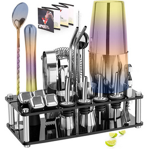 Factory Custom 23 Piece Mixing Cocktail Shaker Bottle Bar Sets Stainless Steel Bar Mixology Bartender Kit With Plastic Stand