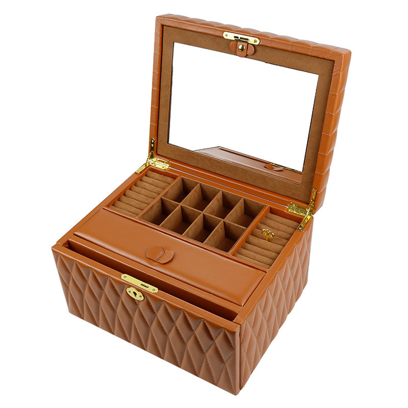 L large wooden mirror leather jewelry box case organizer storagem treasure chest cosmetic ring necklace jewellery drawer box