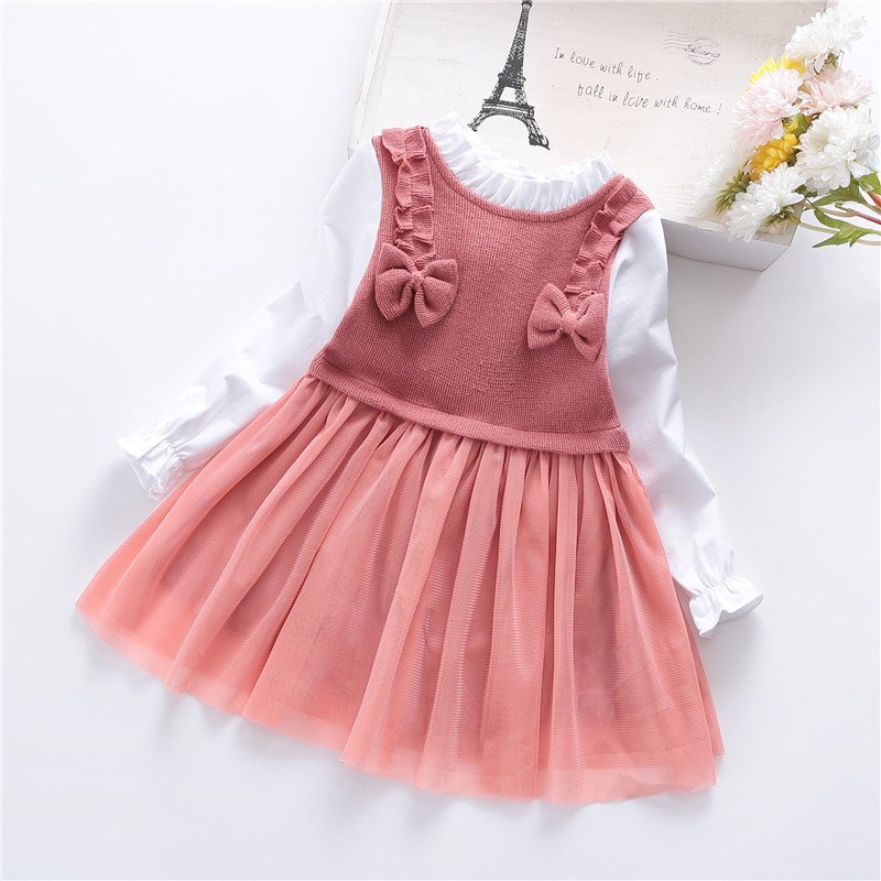 Spring and Autumn Girl's Skirt False Two Long Sleeved Bow Splicing Mesh Princess Skirt