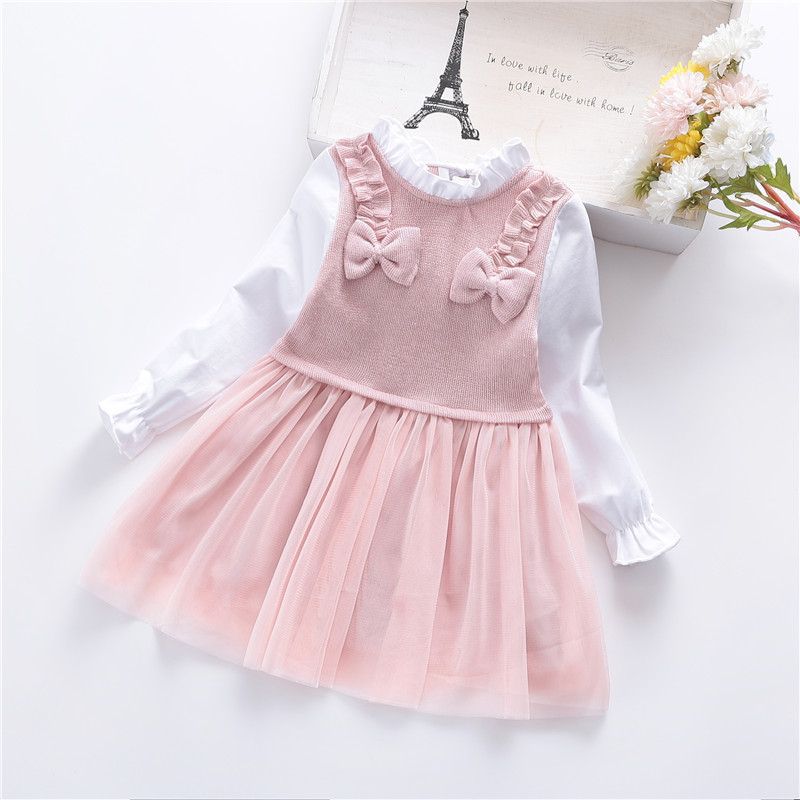 Spring and Autumn Girl's Skirt False Two Long Sleeved Bow Splicing Mesh Princess Skirt