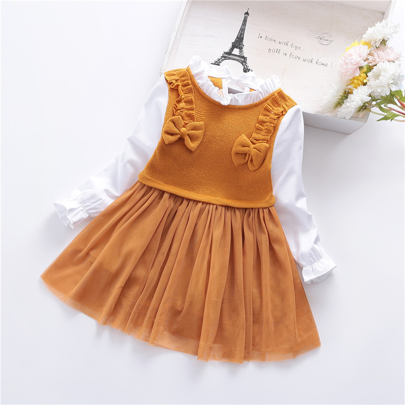 Spring and Autumn Girl's Skirt False Two Long Sleeved Bow Splicing Mesh Princess Skirt