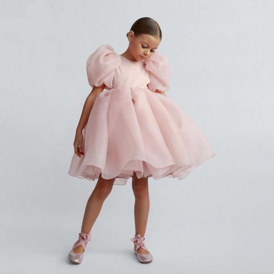 High Quality Fashion Mesh Girls Princess Vintage Tulle Puff Sleeve Pink Wedding Party Birthday Tutu Dress