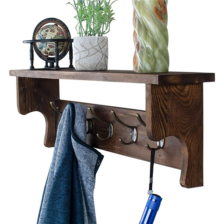 FQ Entryway Shelf Wooden Organizer Wall Mounted Coat Rack With Hooks