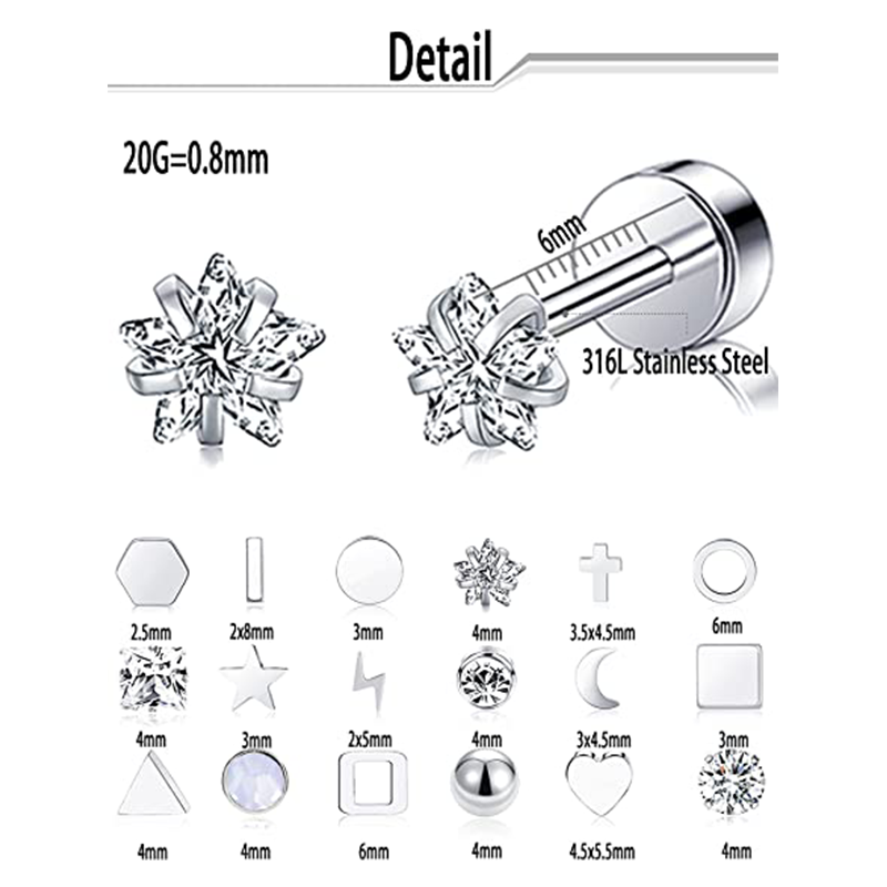 ZF Tiny Stud Earring 316L Stainless Steel Geometric Heart Cross Star Moon Ball CZ Butterfly Back Earrings Stud Fashion Jewelry