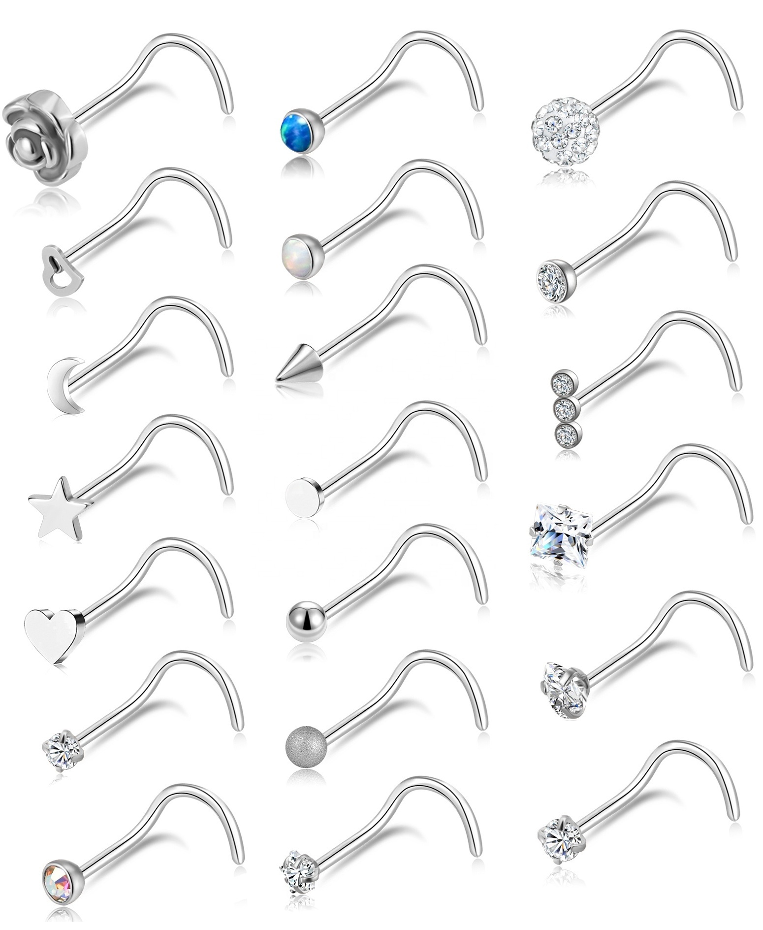 20G Nose Rings Studs 316 L Stainless Steel Nose Studs CZ Heart Hypoallergenic Nostril Nose Piercing Jewelry for Women Men