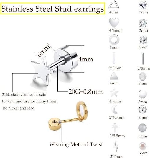 ZF Best Sale Tiny Cartilage Stud Earrings for Women Men CZ Screwback Flat Back Stud Earrings Stainless Steel Piercing