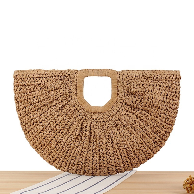 FSP191 Half Moon Women Handmade Paper Straw Beach Tote Clutch Bag New Simple Solid Color Holiday Beach Handheld Moon Bag