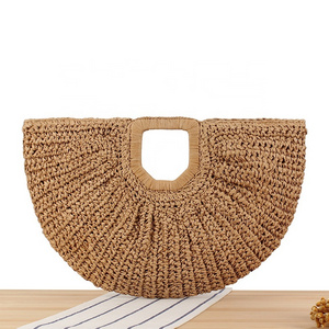 FSP191 Half Moon Women Handmade Paper Straw Beach Tote Clutch Bag New Simple Solid Color Holiday Beach Handheld Moon Bag