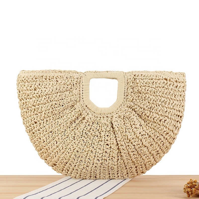 FSP191 Half Moon Women Handmade Paper Straw Beach Tote Clutch Bag New Simple Solid Color Holiday Beach Handheld Moon Bag