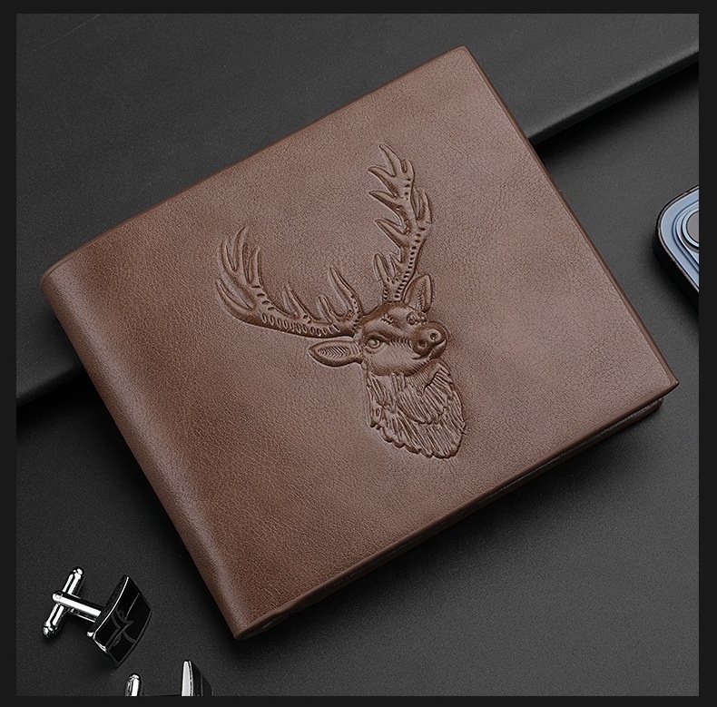 FSW261 Wholesale Men Fashionable Design Deer Pattern Bifold Wallet Pu ID Credit Card Holder Slim Wallet Embossed Short Men Walle