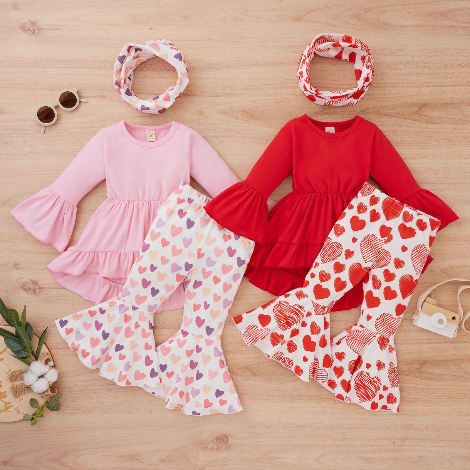 Ivy42016A Kids Girls Clothes Sets Valentines Day Baby Dress Love Heart Bell Bottom Flared Pants Toddler Children Casual Outfits