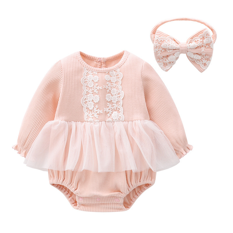 Ivy83501A 2022 Wholesale Korean newborn sweet rompers baby princess jumpsuit infant girls lace ruffle overalls with bow headband