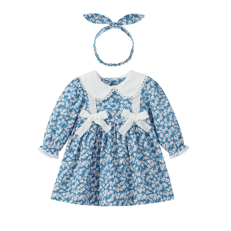 Ivy42271A Custom Color 2024 Spring Summer Floral Design Long Sleeve Girls Kids Dress Toddler Girl Kids Lace Bow Dress