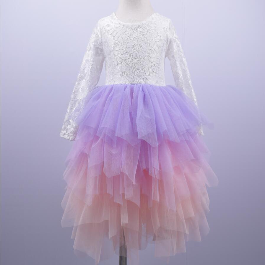 Ivy10041G Girls kids boutique clothes children girls birthday party lace dress long sleeve rainbow color tutu dress