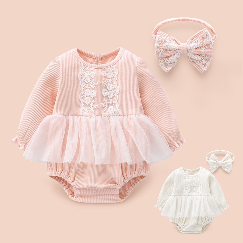 Ivy83501A 2022 Wholesale Korean newborn sweet rompers baby princess jumpsuit infant girls lace ruffle overalls with bow headband