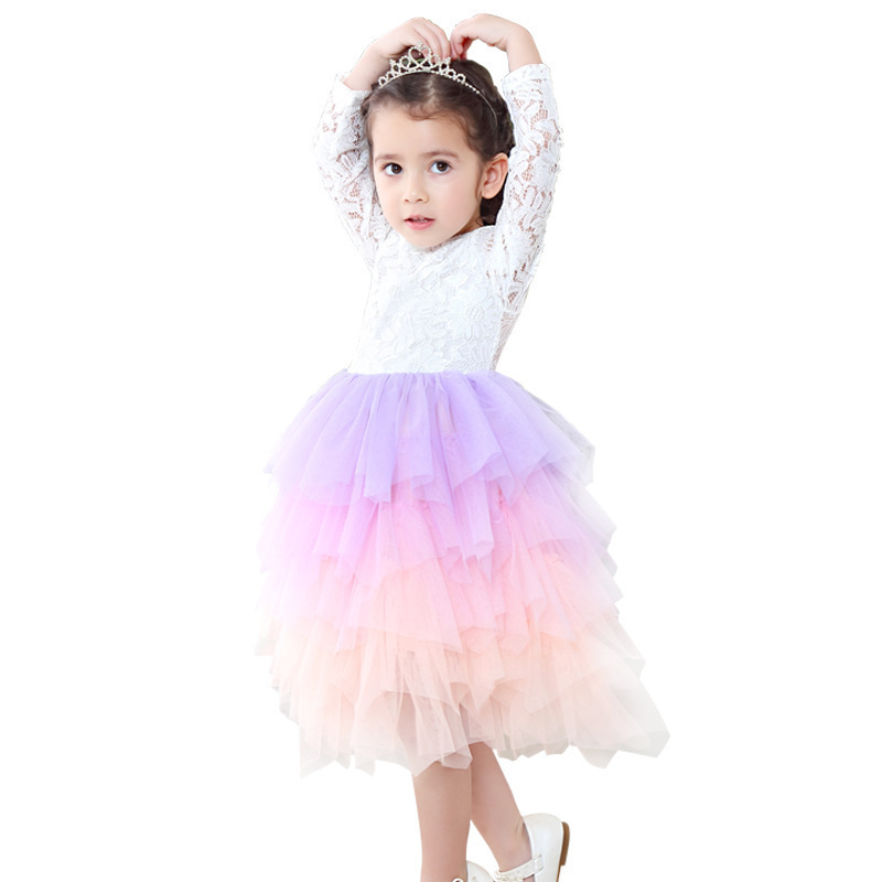 Ivy10041G Girls kids boutique clothes children girls birthday party lace dress long sleeve rainbow color tutu dress