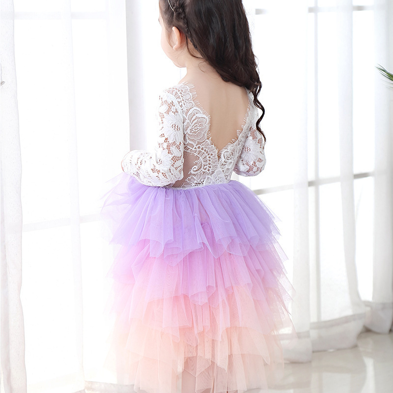 Ivy10041G Girls kids boutique clothes children girls birthday party lace dress long sleeve rainbow color tutu dress