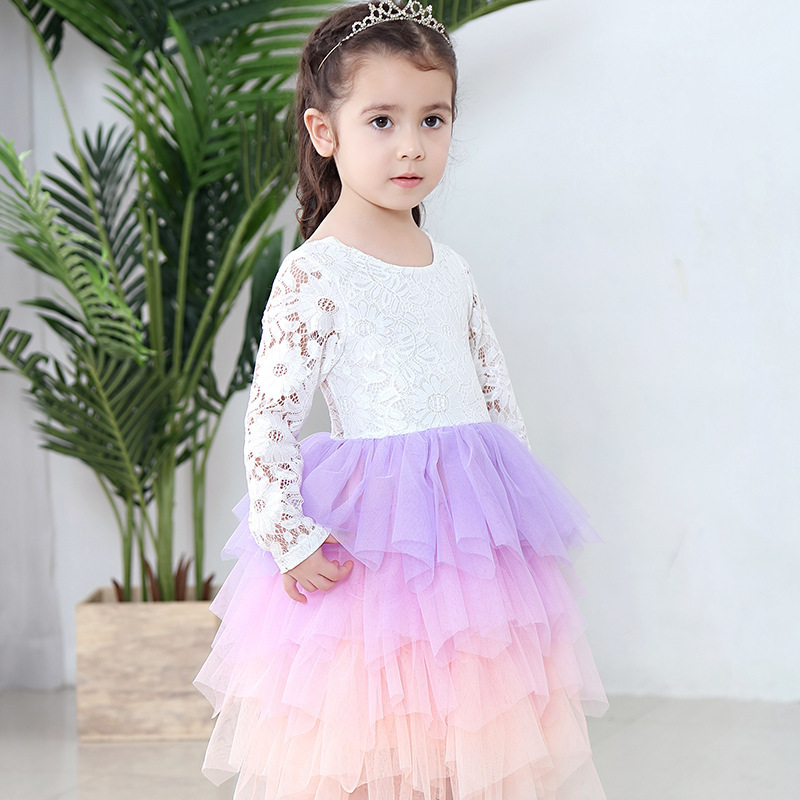 Ivy10041G Girls kids boutique clothes children girls birthday party lace dress long sleeve rainbow color tutu dress