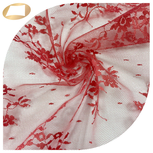 See through red floral mesh 100% nylon veil net fabric